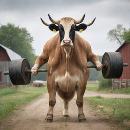 A muscular cow effortlessly lifting large, heavy weights with a determined expression against a rustic, country farm setting.