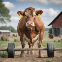 A muscular cow effortlessly lifting large, heavy weights with a determined expression against a rustic, country farm setting.