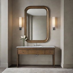 An interior scene featuring tall, decorative wall finishes, complemented with a mirror outlet, lending depth and intrigue.