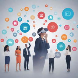 Abstract representation of digital marketing featuring diverse professionals, innovative technologies like virtual reality, and abstract concepts like data flow and interconnected networks