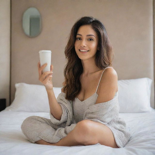 A woman sitting on a bed, holding a coffee cup and taking a mirror selfie. The room features tall, decorative wall finishes and a mirror outlet in the background.