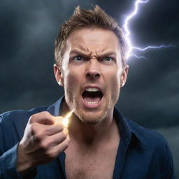 A man with an intense expression mid-action, consuming what appears to be a bolt of lightning, showcasing a celestial power emanating from him.