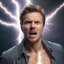 A man with an intense expression mid-action, consuming what appears to be a bolt of lightning, showcasing a celestial power emanating from him.