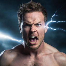 A man with an intense expression mid-action, consuming what appears to be a bolt of lightning, showcasing a celestial power emanating from him.