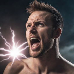 A man with an intense expression mid-action, consuming what appears to be a bolt of lightning, showcasing a celestial power emanating from him.