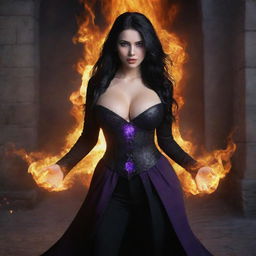 medieval beatifull,  bigb boobs, sexy full body, black hair girl with purple eyes with fire aura behind, 23 years old, she is a piro controler, black clothes, sexy, piromancer, in ocation place, charmOfTheRealm, digital art