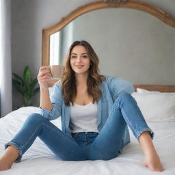 A woman in full jeans sitting on a bed, holding a coffee cup, taking a mirror selfie. The scene includes a room with tall, decorative wall finishes and a mirror outlet in the background.