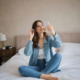 A woman in full jeans sitting on a bed, holding a coffee cup, taking a mirror selfie. The scene includes a room with tall, decorative wall finishes and a mirror outlet in the background.