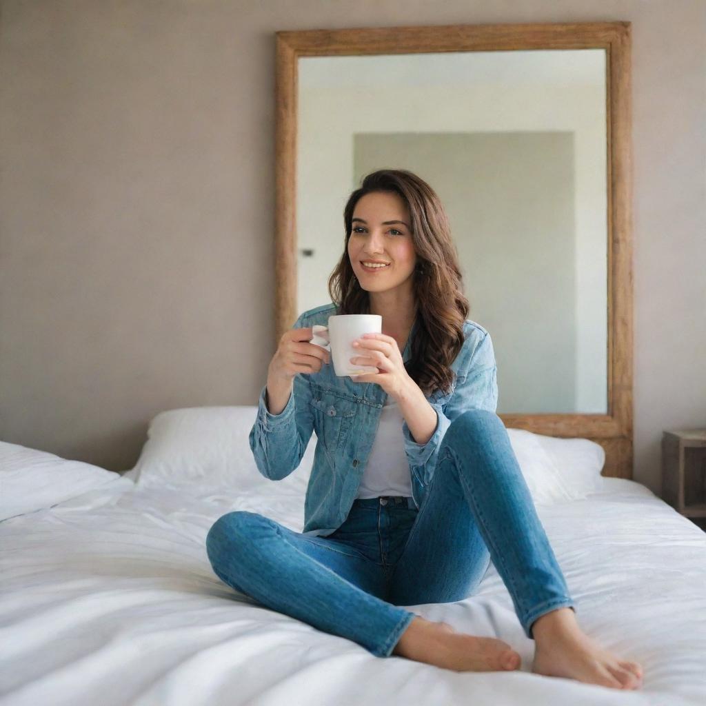 A woman in full jeans sitting on a bed, holding a coffee cup, taking a mirror selfie. The scene includes a room with tall, decorative wall finishes and a mirror outlet in the background.