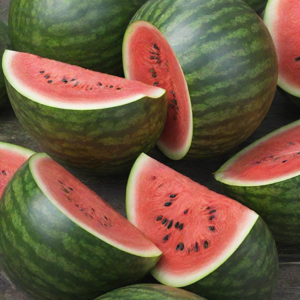 A ripe and juicy watermelon, rich in color, with a lush green rind, vibrant red flesh, and bright black seeds