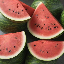 A ripe and juicy watermelon, rich in color, with a lush green rind, vibrant red flesh, and bright black seeds