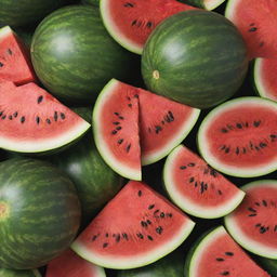 A ripe and juicy watermelon, rich in color, with a lush green rind, vibrant red flesh, and bright black seeds