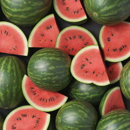 A ripe and juicy watermelon, rich in color, with a lush green rind, vibrant red flesh, and bright black seeds