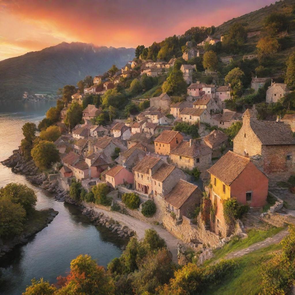 Picturesque little village amidst a radiant sunset, casting warm hues across the scenic backdrop