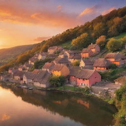 Picturesque little village amidst a radiant sunset, casting warm hues across the scenic backdrop