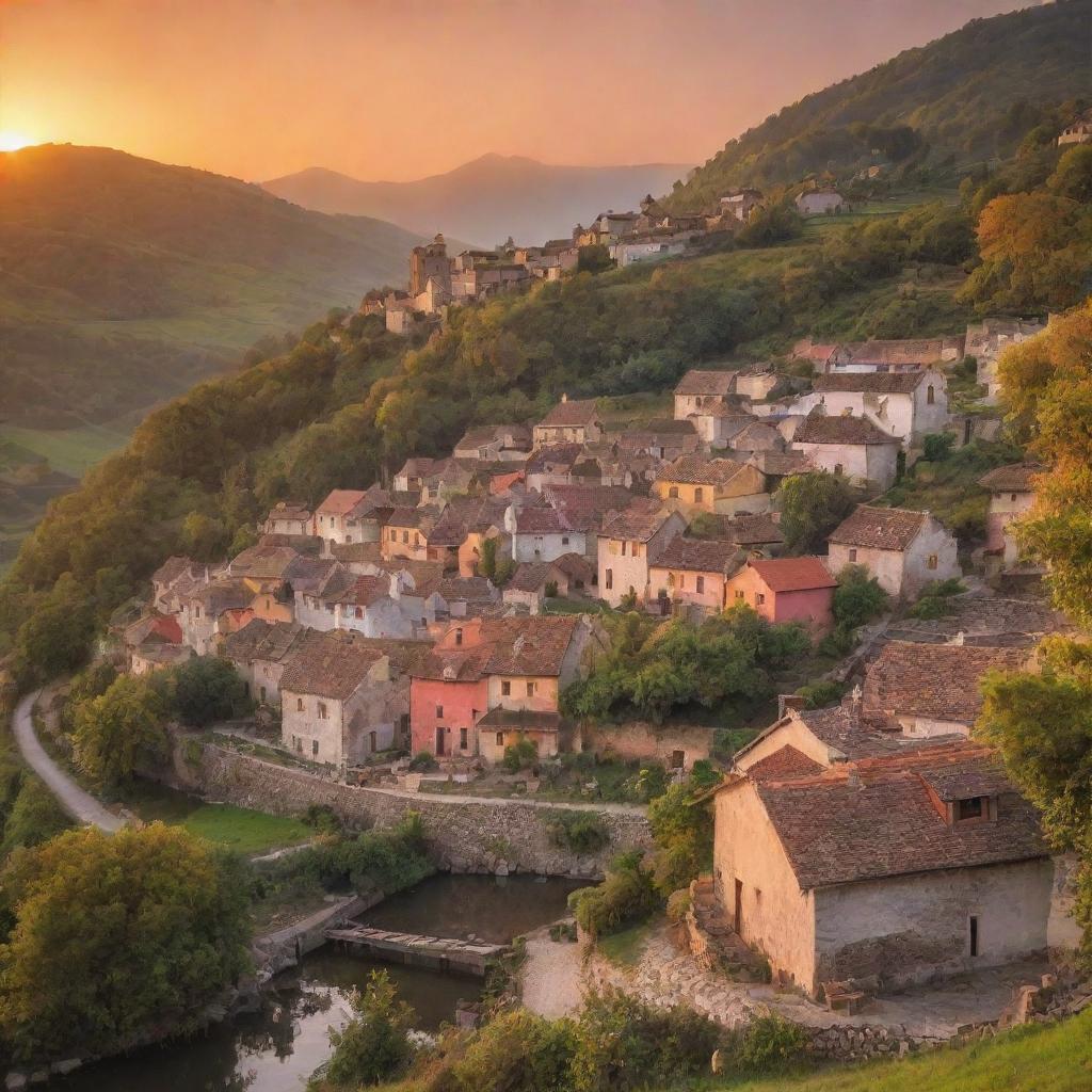 Picturesque little village amidst a radiant sunset, casting warm hues across the scenic backdrop