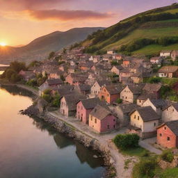 Picturesque little village amidst a radiant sunset, casting warm hues across the scenic backdrop