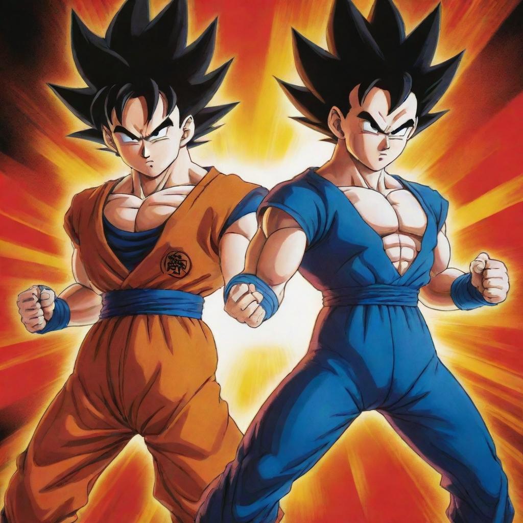 Goku and Vegeta from Dragon Ball Z posed dynamically against a vibrant, energy-filled backdrop for a high-resolution wallpaper