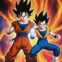 Goku and Vegeta from Dragon Ball Z posed dynamically against a vibrant, energy-filled backdrop for a high-resolution wallpaper