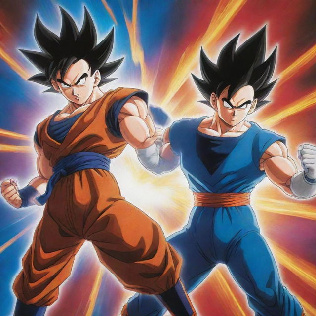 Goku and Vegeta from Dragon Ball Z posed dynamically against a vibrant, energy-filled backdrop for a high-resolution wallpaper