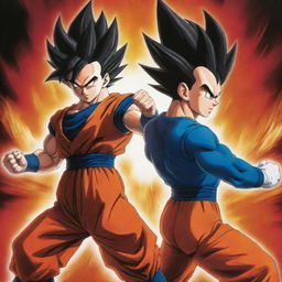 Goku and Vegeta from Dragon Ball Z posed dynamically against a vibrant, energy-filled backdrop for a high-resolution wallpaper