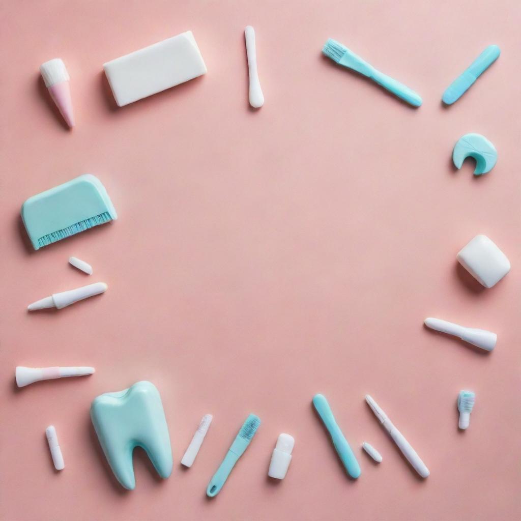 Craft an Instagram-ready dental-themed background with ample space for text. Incorporate design details such as dental floss, toothbrushes, and teeth in fresh and attractive aesthetics.