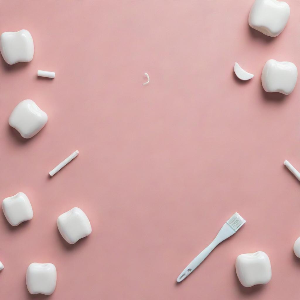 Craft an Instagram-ready dental-themed background with ample space for text. Incorporate design details such as dental floss, toothbrushes, and teeth in fresh and attractive aesthetics.