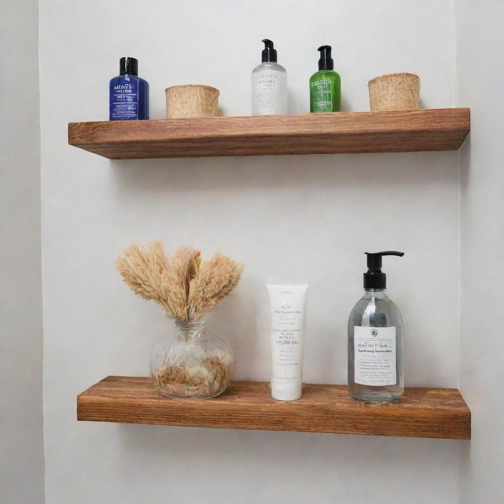 Create a thumbnail showcasing various DIY shower shelves arranged in an aesthetically pleasing way, highlighting their unique designs and functionalities.