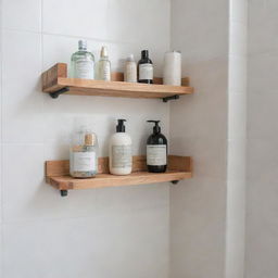 Create a thumbnail showcasing various DIY shower shelves arranged in an aesthetically pleasing way, highlighting their unique designs and functionalities.