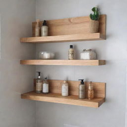 Create a thumbnail showcasing various DIY shower shelves arranged in an aesthetically pleasing way, highlighting their unique designs and functionalities.