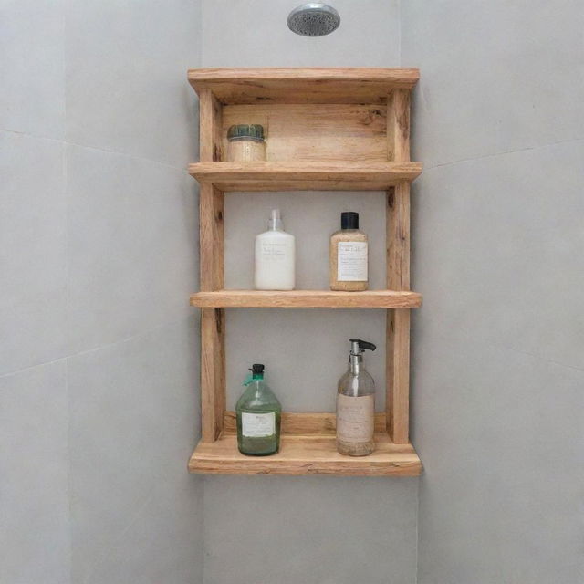 Create a thumbnail showcasing various DIY shower shelves arranged in an aesthetically pleasing way, highlighting their unique designs and functionalities.