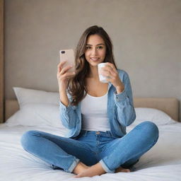 Enlarge the image of a woman in full jeans sitting on a bed, holding a coffee cup, taking a mirror selfie. The scene also displays a room with tall, decorative wall finishes and mirror outlet in the background.