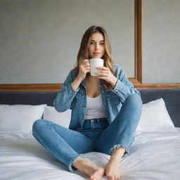 Enlarge the image of a woman in full jeans sitting on a bed, holding a coffee cup, taking a mirror selfie. The scene also displays a room with tall, decorative wall finishes and mirror outlet in the background.