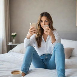 Enlarge the image of a woman in full jeans sitting on a bed, holding a coffee cup, taking a mirror selfie. The scene also displays a room with tall, decorative wall finishes and mirror outlet in the background.