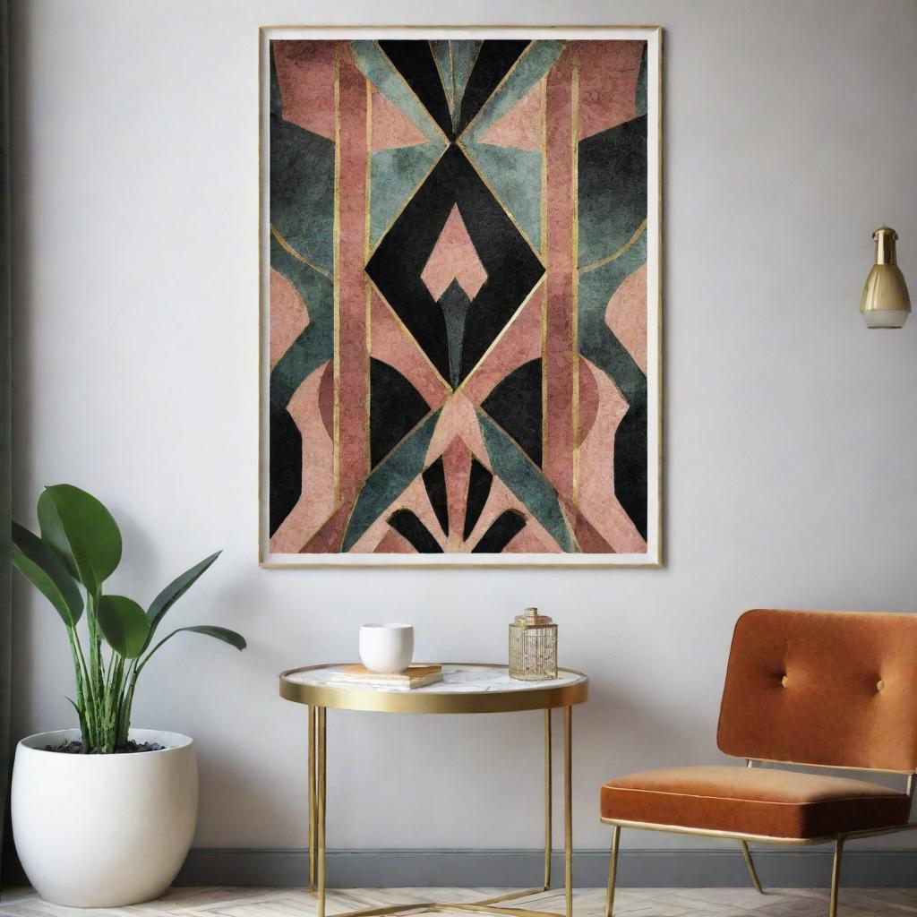 Art Deco styled wall art print hailing from the 1920s era, showcasing a maximalist design approach. The artwork is abstract and is suitable for apartment decor.