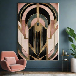 Art Deco styled wall art print hailing from the 1920s era, showcasing a maximalist design approach. The artwork is abstract and is suitable for apartment decor.