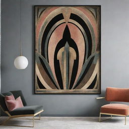 Art Deco styled wall art print hailing from the 1920s era, showcasing a maximalist design approach. The artwork is abstract and is suitable for apartment decor.