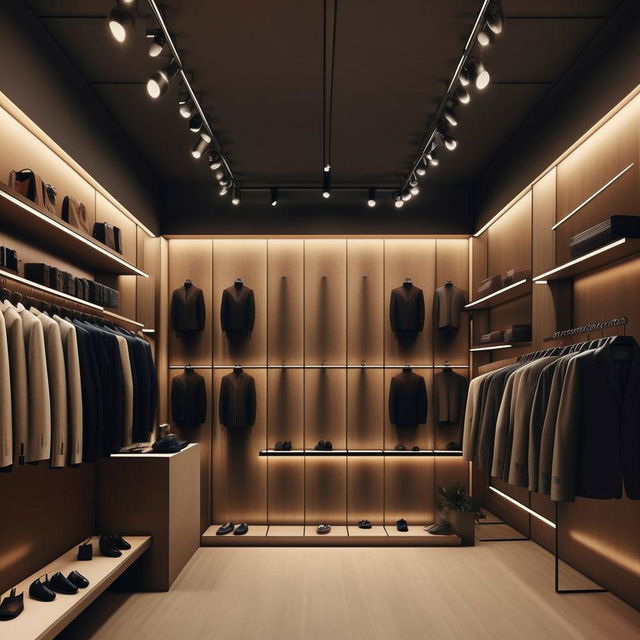 Create a design for one wall for clothing shop, which 20 feet wall. Add some unique style and mostly hanging system. It is for mens wear