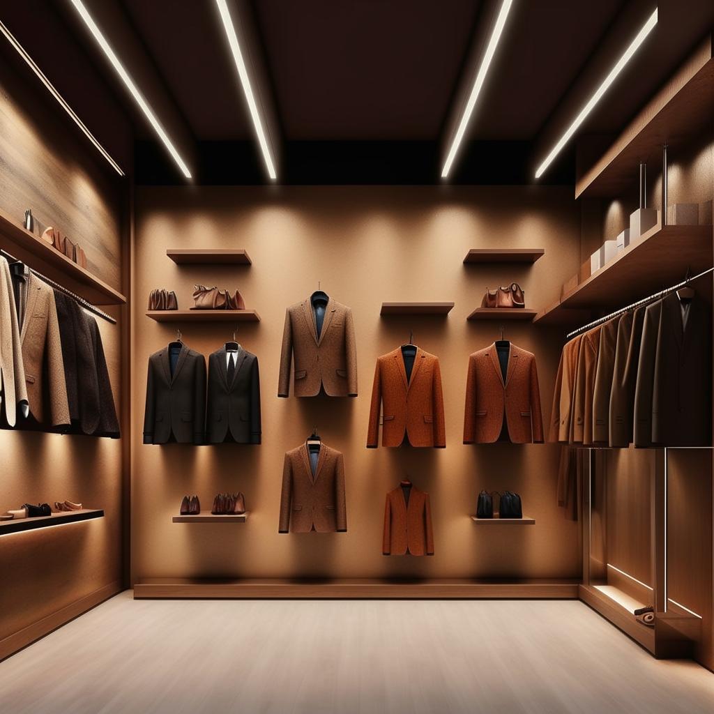 Create a design for one wall for clothing shop, which 20 feet wall. Add some unique style and mostly hanging system. It is for mens wear