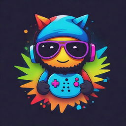 Design a funky, cool, 2D gamer-themed mascot for a YouTube channel. Use bright colors, gaming elements, and radiate a vibe of fun and innovation.