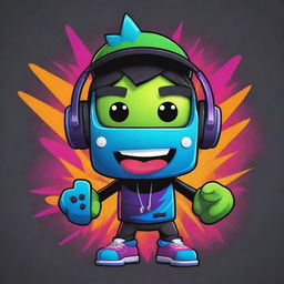 Design a funky, cool, 2D gamer-themed mascot for a YouTube channel. Use bright colors, gaming elements, and radiate a vibe of fun and innovation.