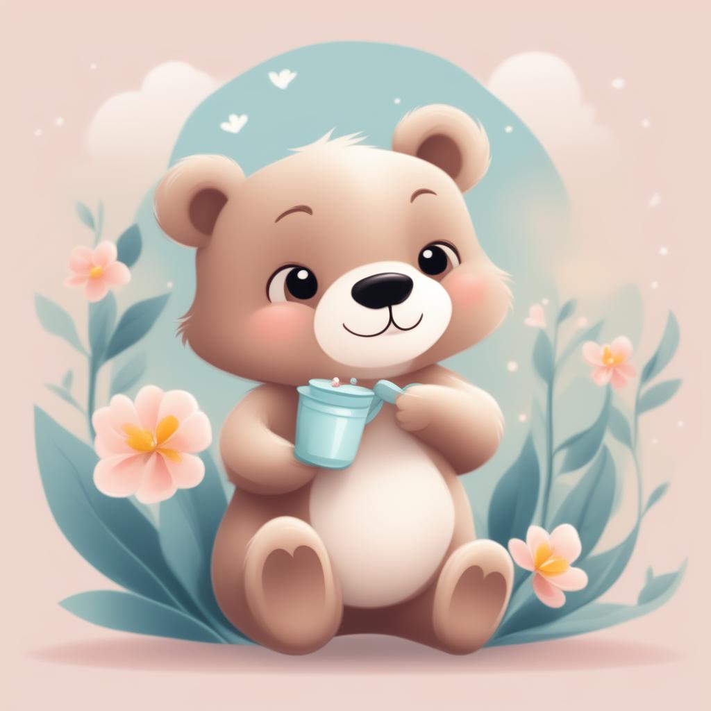 A high-quality, digital cartoon illustration of a cute bear smelling a blooming flower, rendered in a soothing pastel color palette