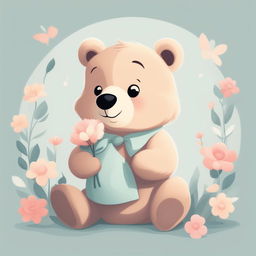 A high-quality, digital cartoon illustration of a cute bear smelling a blooming flower, rendered in a soothing pastel color palette