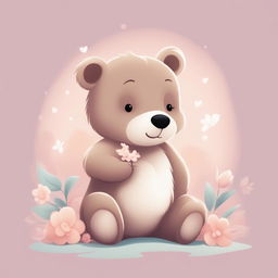 A high-quality, digital cartoon illustration of a cute bear smelling a blooming flower, rendered in a soothing pastel color palette