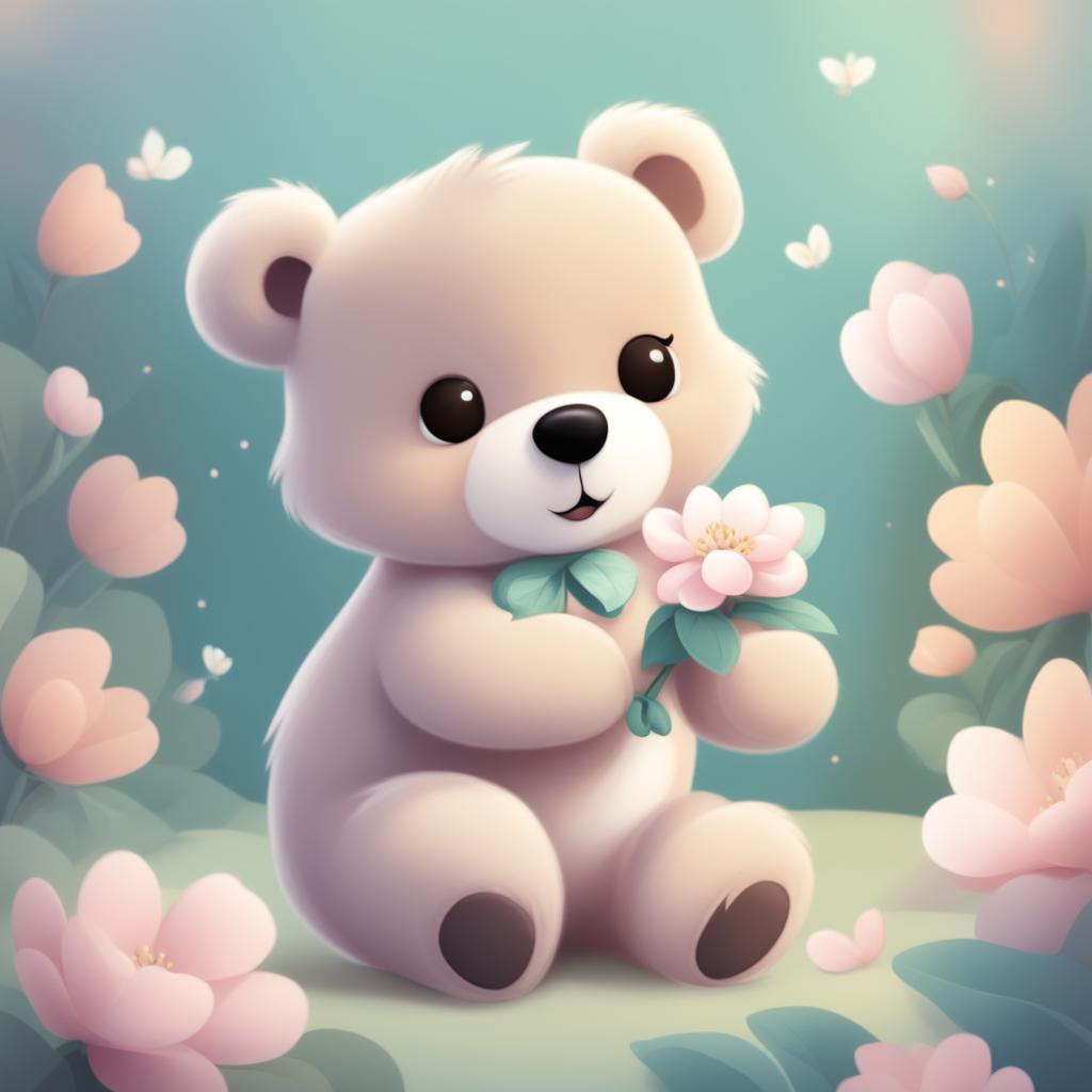 A high-quality, digital cartoon illustration of a cute bear smelling a blooming flower, rendered in a soothing pastel color palette