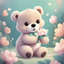 A high-quality, digital cartoon illustration of a cute bear smelling a blooming flower, rendered in a soothing pastel color palette