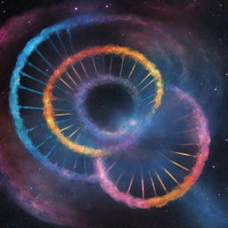 An epic science-themed image full of vibrant colors, featuring a swirling galaxy, a DNA strand, and scientific equations floating in the cosmos