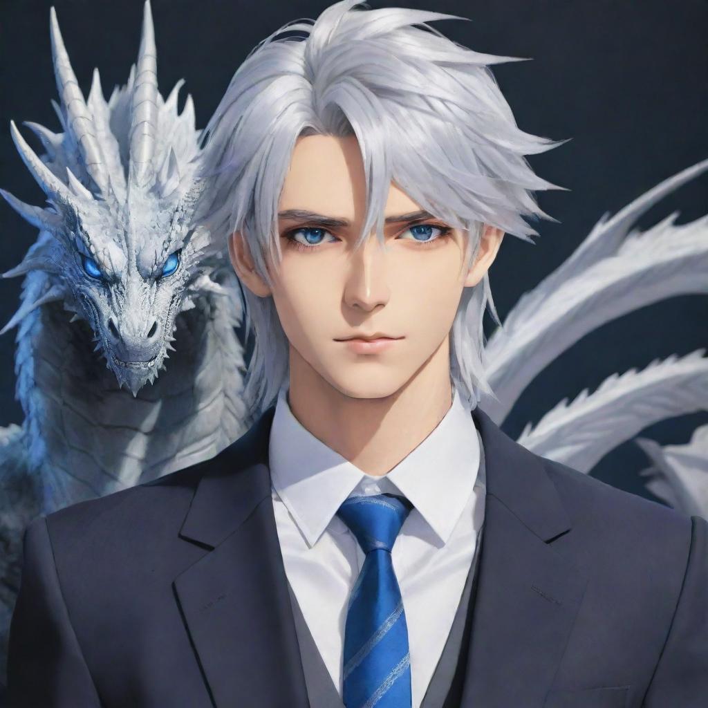 Generate an image of a tall and handsome anime boy. He has cool blue eyes, long, silver-white hair tied up, and is stylishly dressed in a suit. He is depicted as a dragon slayer.