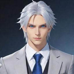 Generate an image of a tall and handsome anime boy. He has cool blue eyes, long, silver-white hair tied up, and is stylishly dressed in a suit. He is depicted as a dragon slayer.