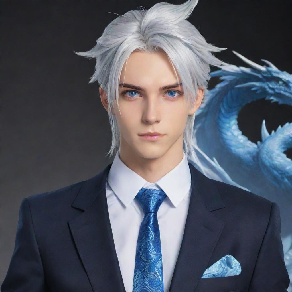 Generate an image of a tall and handsome anime boy. He has cool blue eyes, long, silver-white hair tied up, and is stylishly dressed in a suit. He is depicted as a dragon slayer.